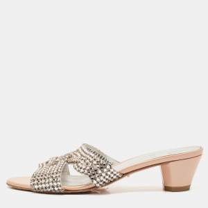Gina Beige Leather Crystal Embellished Slide Sandals Size 38