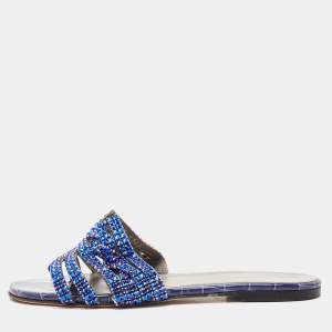 Gina Silver Croc Embossed Leather Crystals Flat Slides Size 38