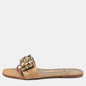 Gina Brown Leather Crystal Embellished Flat Slide Sandals Size 37.5