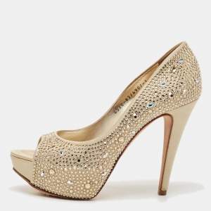 Gina Gold Satin Crystal Embellished Platform Pumps Size 38