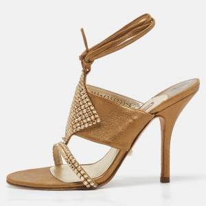 Gina Gold Suede Crystal Embellished Ankle Strap Sandals Size 39