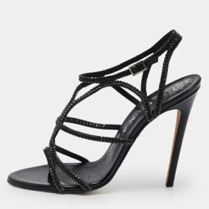 Gina Black Leather Crystal Embellished Ankle Strap Sandals Size 40
