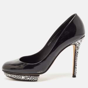 Gina Black Patent Leather Crystal Embellished Heel Platform Pumps Size 39