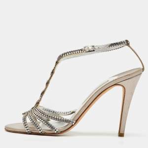 Gina Silver Leather Crystal Embellished T-Strap Sandals Size 40