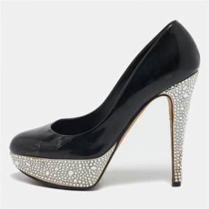 Gina Black Patent Leather  Crystal Embellished Platform Pumps Size 37