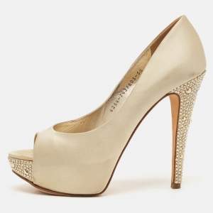 Gina Beige Satin Crystal Embellished Peep Toe Platform Pumps Size 38.5