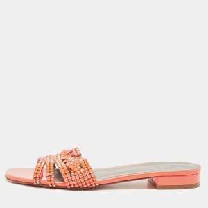 Gina Pink Crystal Embellished Leather Flat Sandals Size 41