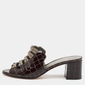 Gina Dark Brown Croc Embossed Patent Leather Crystal Embellished Slide Sandals Size 37