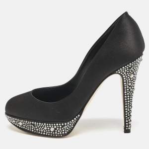 Gina Black Satin Crystals Platform Pumps Size 36.5