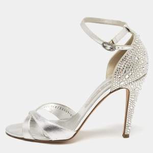 Gina Silver Leather Crystals Embellished Ankle Strap Sandals Size 39.5