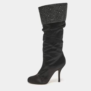 Gina Black Satin Crystals Embellished Pleated Mid Calf Boots Size 37