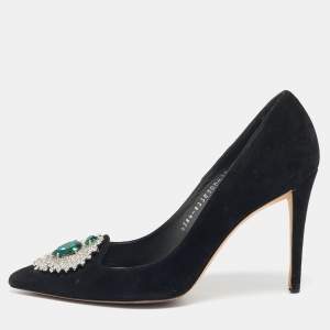 Gina Black Suede Giada Crystal Embellished Pointed Toe Pumps Size 38