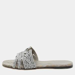 Gina Green Croc Embossed Crystal Embellished Thong Flat Slides Size 38.5