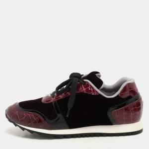 Gina Magenta Croc Embossed Patent Leather and Velvet Low Top Sneakers Size 37