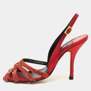 Gina Red Glitter Leather Crystal Embellished Slingback Sandals Size 37.5