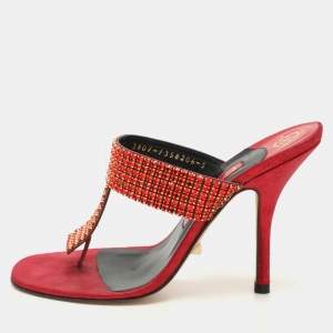 Gina Red Crystals Embellished Thong Slides Sandals Size 38