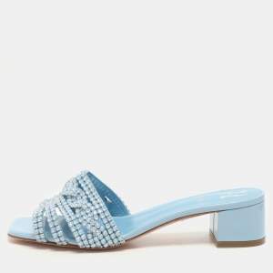 Gina Light Blue Crystal Embellished Block Heel Slide Sandals Size 37.5