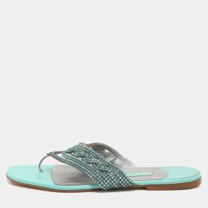 Gina Green Crystals Embellished Thong Flats Size 38