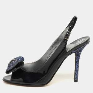 Gina Blue Patent Leather and Glitter Bow Embellished Peep Toe Slingback Pumps Size 38.5