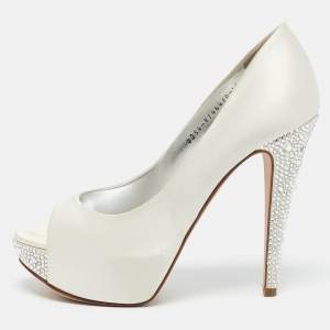 Gina White Satin Jenna Crystal Embellished Heel Open Toe Platform Pumps Size 39.5