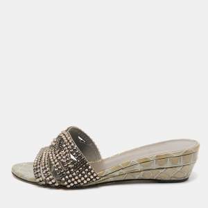 Gina Grey Leather Crystal Embellished Daphne Slide Sandals Size 38.5