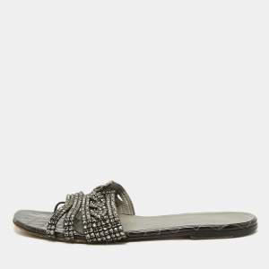 Gina Black Croc Embossed Patent Crystal Embellished Flat Slide Sandals Size 41