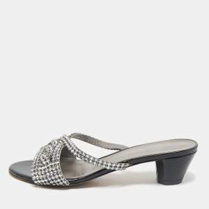 Gina Silver Leather Crystal Embellished Slide Sandals Size 38.5
