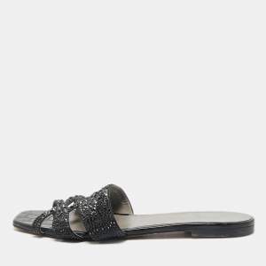 Gina Black Satin Crystal Embellished Loren Flat Slide Sandals Size 41