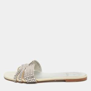 Gina Silver Leather Crystal Embellished Leather Loren Flat Sandals Size 41