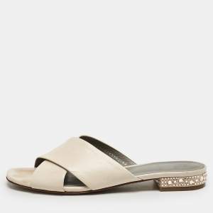 Gina Light Peach Leather Bourdin Flat Sandals Size 42