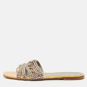 Gina Yellow Croc Embossed Leather Crystal Embellished Loren Flat Sandals Size 39
