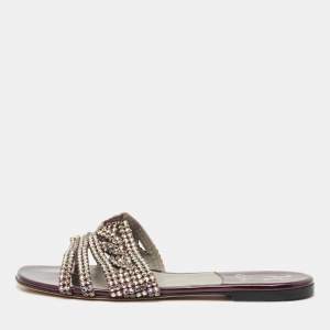 Gina Dark Purple Leather Crystal Embellished Loren Flat Slide Sandals Size 39.5