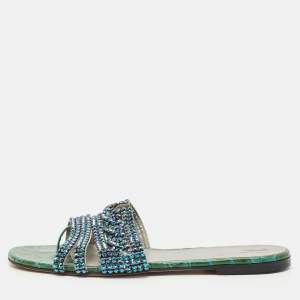 Gina Green Croc Embossed Patent Leather Crystal Embellished Loren Flat Slide Sandals Size 39