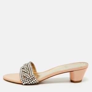 Pre Owned Gina Silver Patent Leather Crystal Embellished Slide Sandals Size 38.5