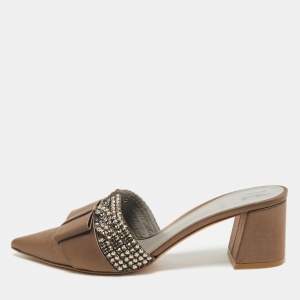 Pre Owned Gina Brown Satin Crystal Embellished Chachki Block Heel Mules Size 38