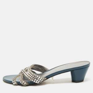 Pre Owned Gina Blue//Silver Patent Leather Crystal Embellished Slides Sandals Size 38.5