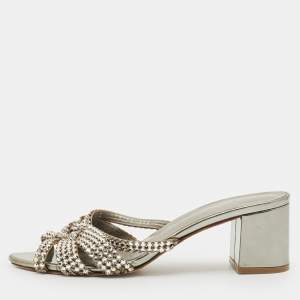 Pre Owned Gina Metallic Grey Patent Crystal Embellished Leather Slide Sandals Size 38.5