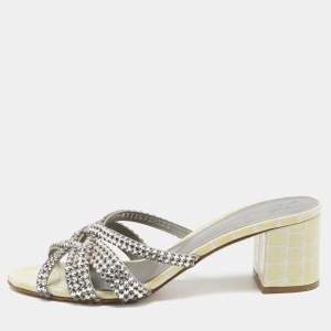 Gina Yellow/Grey Croc Embossed Patent Leather Dexie Slide Sandals Size 38.5