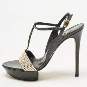 Pre Owned Gina Black Patent Leather Crystal Embellished T-Strap Sandals Size 40