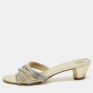 Pre Owned Gina Gold Leather Crystal Embellished Slide Sandals Size 40