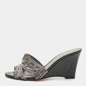 Pre Owned Gina Grey Crystal Embellished Leather Syracuse Wedge Sandals Size 38.5