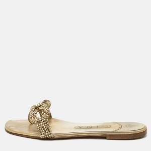 Pre Owned Gina Metallic Gold Leather Crystal Embellished Flat Sandals Size 37