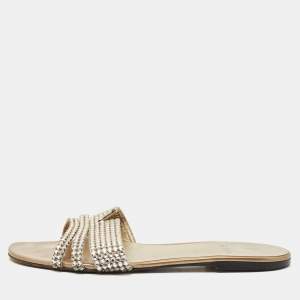 Pre Owned Gina Gold Leather Crystal Embellished Loren Flat Slides Size 41