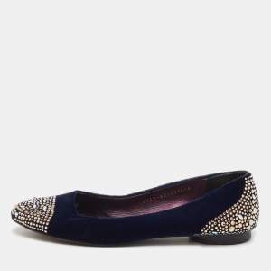 Pre Owned Gina Navy Blue Velvet Crystal Embellished Ballet Flats Size 39