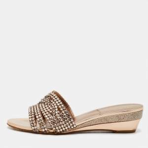 Pre Owned Gina Metallic Leather Crystal Embellished Sandals Size 38
