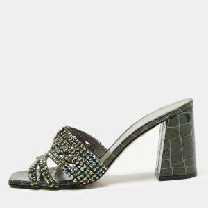 Pre Owned Gina Green Croc Embossed Patent Leather Crystals Embellished Slide Sandals Size 38.5