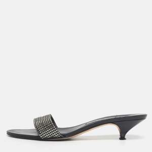 Pre Owned Gina Black/Silver Leather Crystal Embellished Slide Sandals Size 40