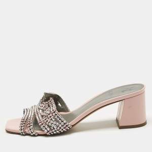 Pre Owned Gina Pink Leather Crystal Embellish Arizona Slide Sandals Size 38.5
