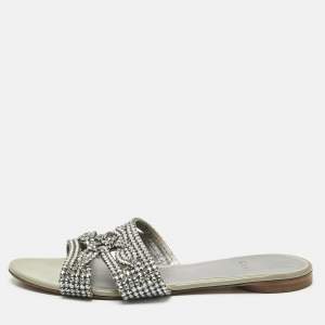 Pre Owned Gina Silver Leather Crystal Embellished Loren Flat Slides Size 41.5