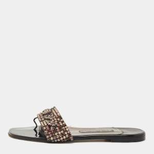 Pre Owned Gina Silver Leather Crystal Embellished Aurora Thong Flat Slides Size 37.5
